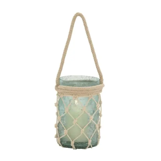 Aquamarine Glass Coastal Candle Holder Lantern, 16" x 5" x 5" {3}