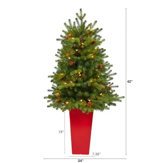 3.5ft. Pre-Lit Yukon Mountain Fir Artificial Christmas Tree in Red Planter, Clear Lights {5}