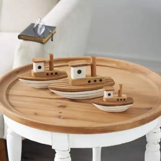 Brown & White Handmade Wood Boat Sculpture Set {3}