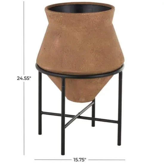 24.5" Brown Metal Wide Decorative Vase with Black Stand {11}