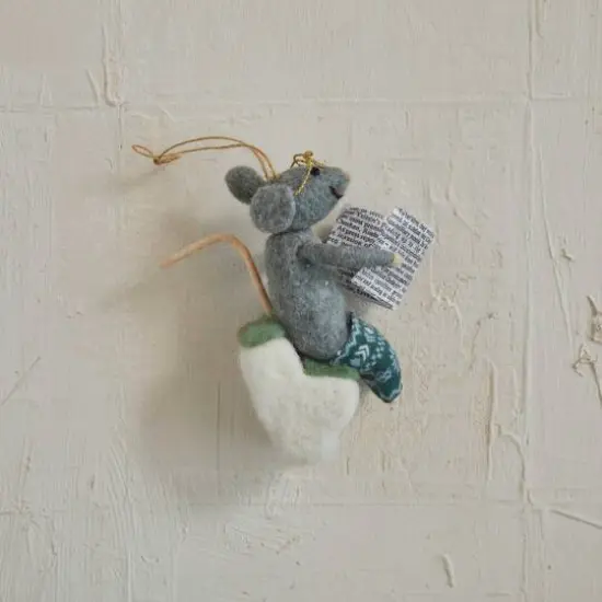 Hello Honey&reg; 4.75" Handmade Wool Felt Mouse on Toilet with Glasses & Newspaper Ornament {3}