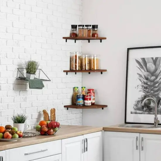 Burnt Brown Wall Mounted Wood Floating Corner Shelf Set {6}