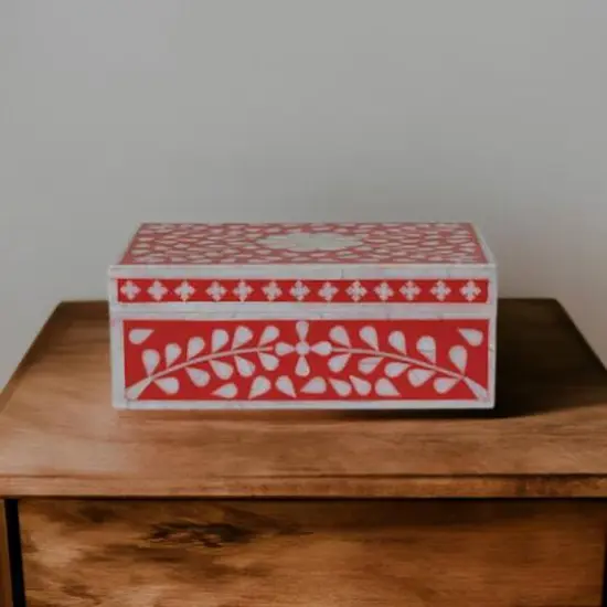 Hello Honey&reg; 9" Red and White Decorative Mixed Material Storage Box with Horn Inlay {5}