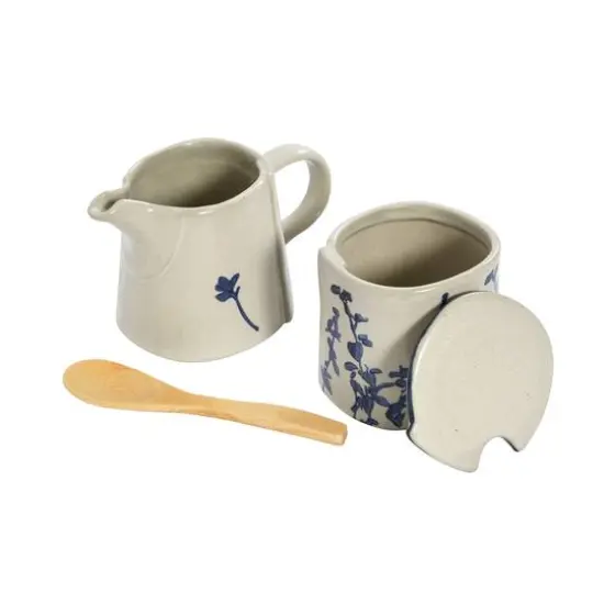 Hello Honey® Antique White & Blue Hand Stamped Stoneware Sugar Pot & Creamer Set {3}