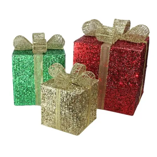 Red Pre-Lit Glittering Christmas Gift Box Set {1}