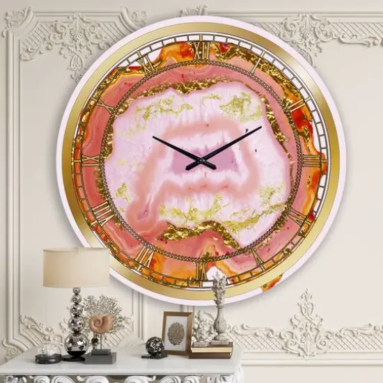 Designart 'Pink And Gold Chalcedony Agate Modern Wall Clock {1}