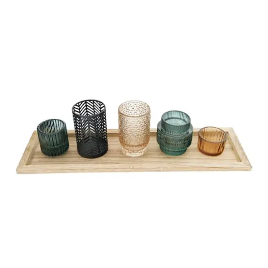 Hello Honey® Embossed Glass & Metal Tealight & Votive Holders On Rectangle Wood Tray Set, 6ct. {3}