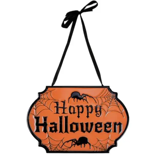 Orange & Black Happy Halloween Cauldron Pot Metal Wall Sign {1}