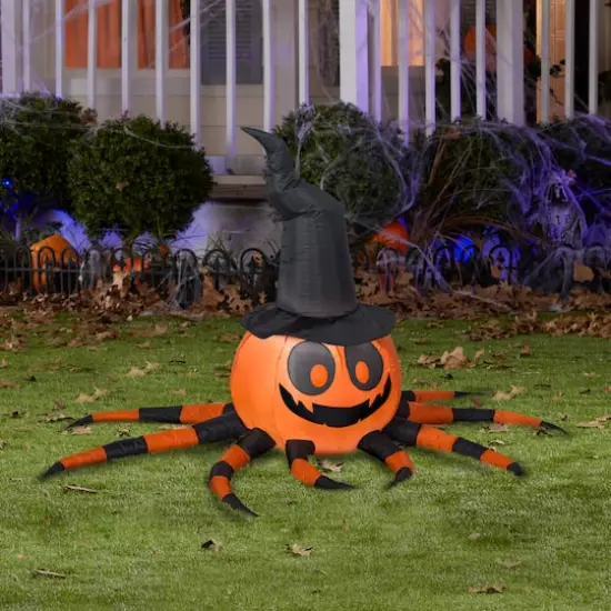 3ft. Airblown&reg; Orange & Black Spider with Witch Hat {4}