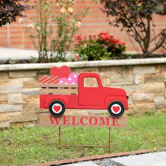 Glitzhome&reg; 24" Metal Wooden Valentine's Truck Yard Stake & Hanging Sign {4}