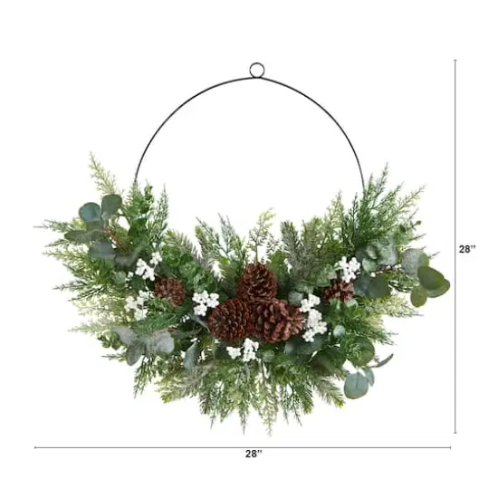 28" Christmas Pine, Eucalyptus & Berries Metal Circlet Wreath {3}