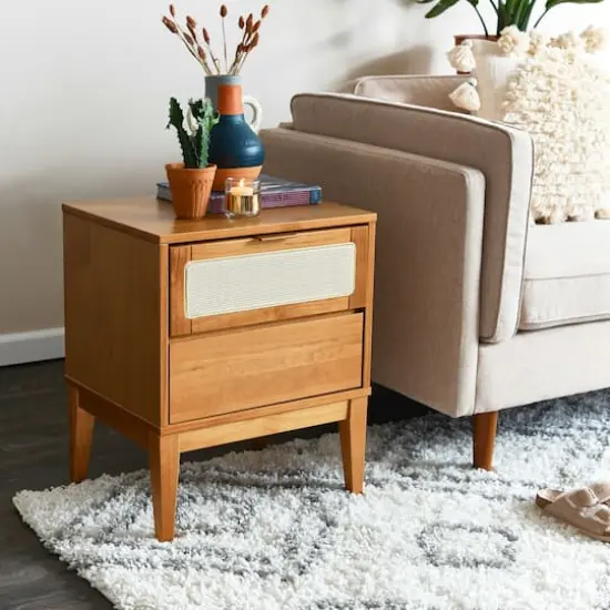 Hello Honey&reg; Crawford 24" Solid Wood Nightstand with Storage Drawers and Cane Detail Light Brown {4}