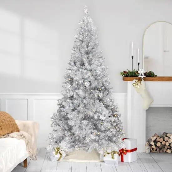 7ft. Pre-Lit Silver Artificial Tinsel Christmas Tree, Clear Lights {3}