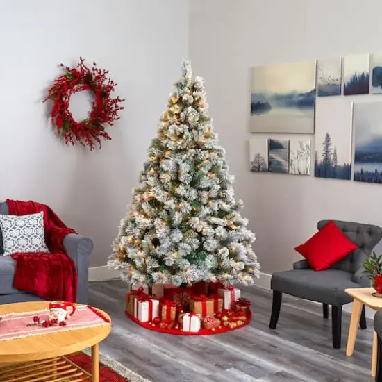 7ft. Pre-Lit Flocked Oregon Pine Artificial Christmas Tree, Clear LED Lights {3}