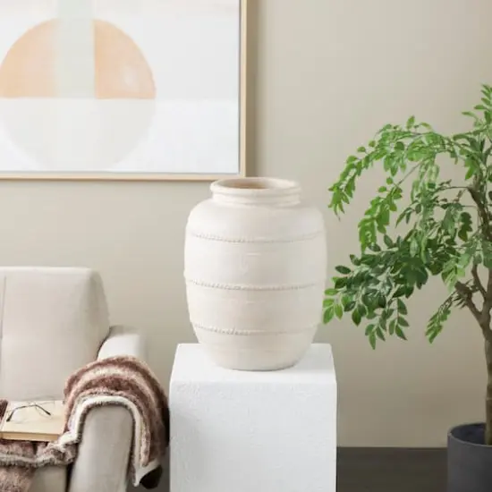 18" Cream Distressed Stone Vase with Raised Braided Accents {3}