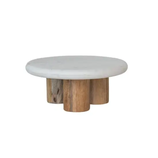 Hello Honey&reg; 15" White Round Elevated Marble & Wood Food Pedestal {3}