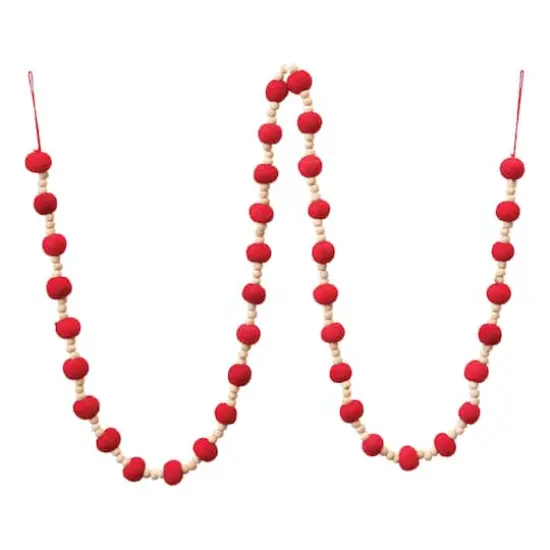 Hello Honey&reg; 6ft. Red Wool Felt Balls & Wood Beads Garland {1}