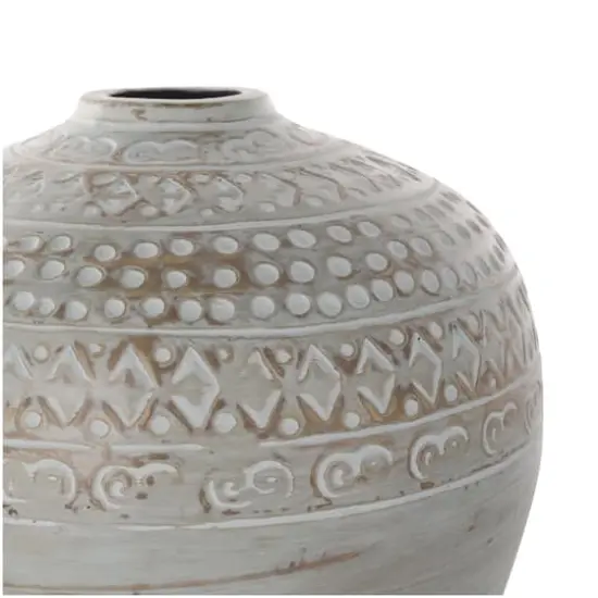 11.75" Green Antique-Style Wide Rounded Ceramic Vase with Geometric Carvings {6}