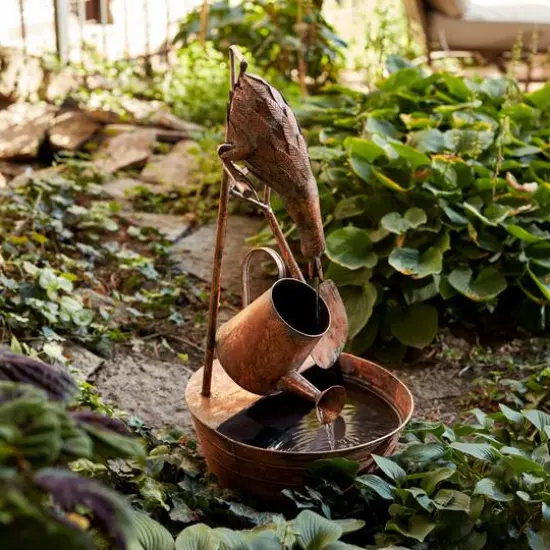 33" Brown Rustic Metal Fountain with Duck & Watering Can {6}