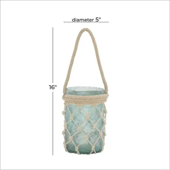 Aquamarine Glass Coastal Candle Holder Lantern, 16" x 5" x 5" {7}