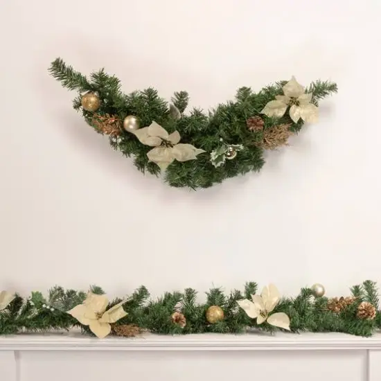 Pre-Decorated Gold Poinsettia Pine Cone & Ball Artificial Garland, Unlit {7}