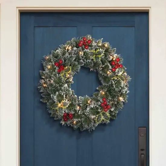 24" Pre-Lit Snowy Silverton Pine Wreath {3}