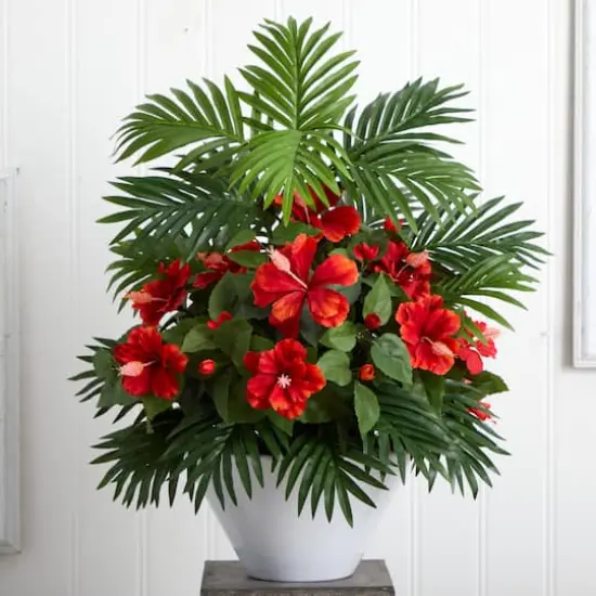 2.2ft. Red Hibiscus & Areca Palm Artificial Plant in White Bowl  {4}