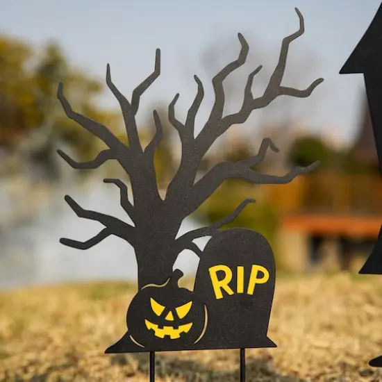 Glitzhome&reg; 2ft. Halloween Metal Silhouette Haunted House and Ghost Tree Yard Stake Set {6}