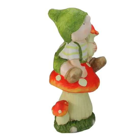19.75" Young Boy Gnome Sitting on a Mushroom Spring Outdoor Garden Figure {3}