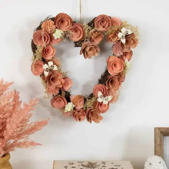 10" Pink Wooden Rose Heart Spring Wreath with Butterflies {4}