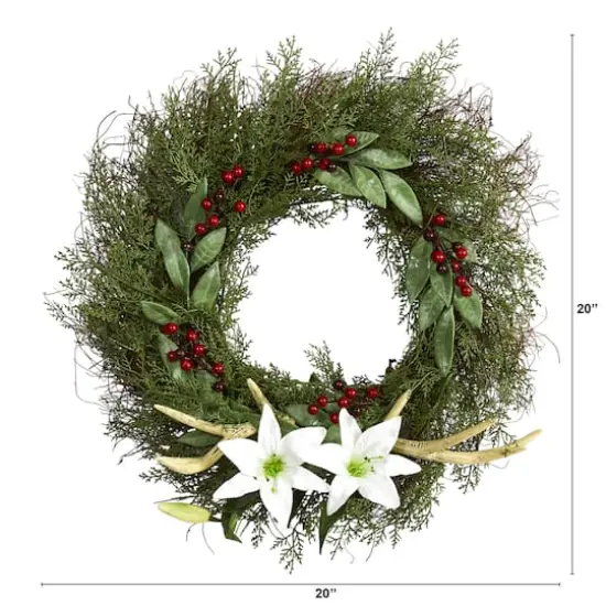 20" Cedar, Lilies & Berries with Antlers Wreath {4}