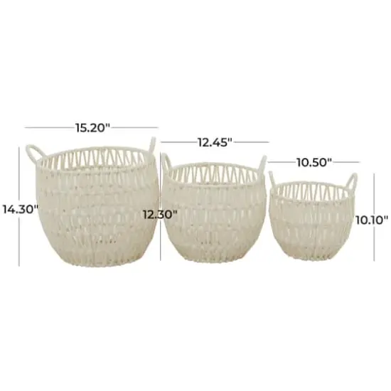 White Cotton Handmade Storage Basket with Handles Set of 3 14", 12", 10" {6}