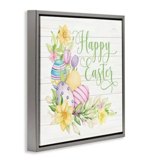 Stupell Industries Happy Easter Daffodils Floater Framed Art Gray {4}