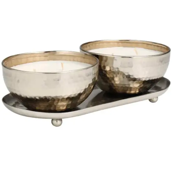 White Wax Vanilla Marshmallow Scented Candle Set with Silver Hammered Containers and Oval Holding Tray {3}