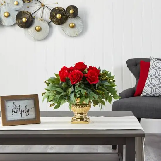 14" Red Rose Floral Arrangement in Gold Urn  {4}