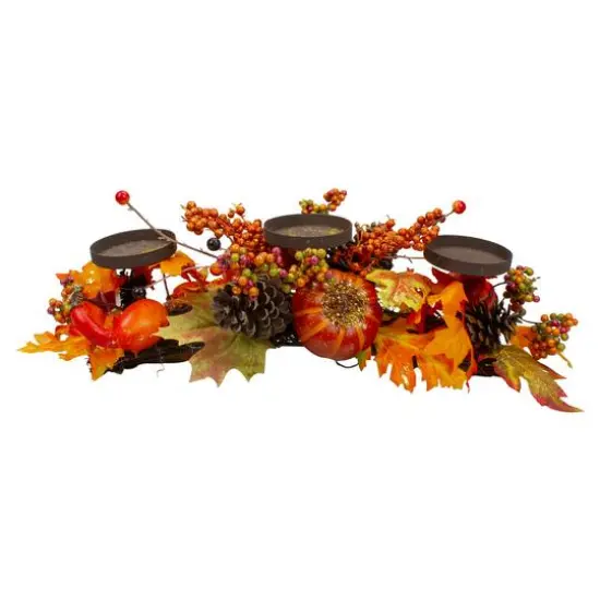 21" Orange Fall Harvest Leaves & Pumpkins Candle Holder {5}