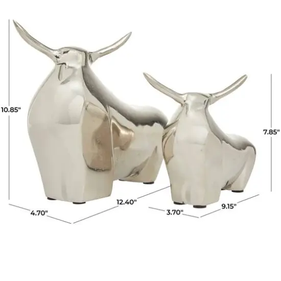Silver Aluminum Contemporary Bulls Sculpture, Set of 2" 11", 8" {7}