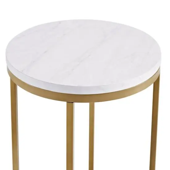 Walker Edison 16" Glam Round Side Table Faux White Marble/Gold {6}