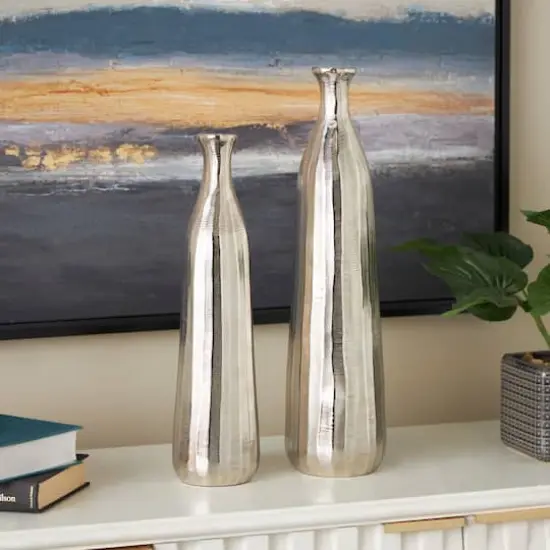 Silver Decorative Aluminum Vase Set with Wavy Accents & Textured Ridges {3}