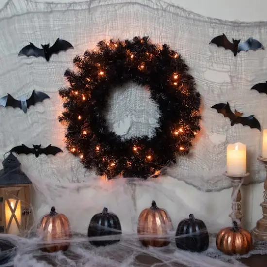 24'' Pre-Lit Black Noble Spruce Artificial Halloween Wreath {3}