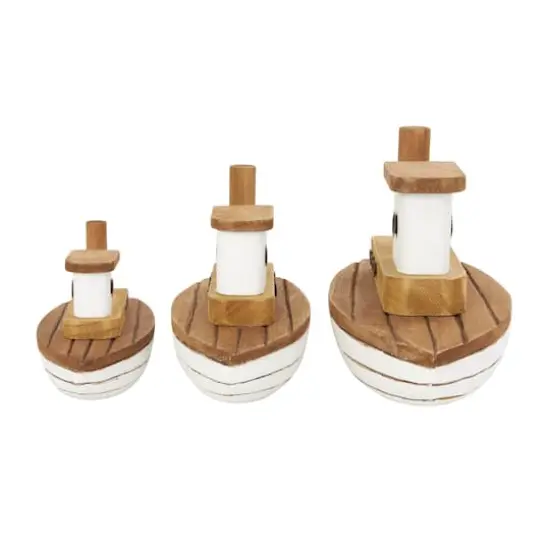 Brown & White Handmade Wood Boat Sculpture Set {5}