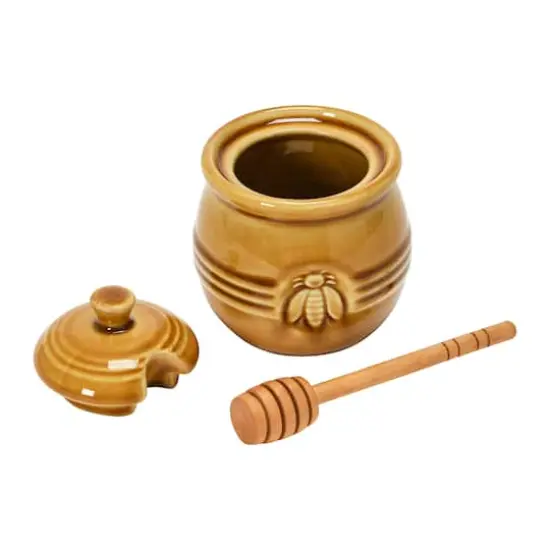 Hello Honey® 4.3" Amber Orange Farmhouse Embossed Stoneware Honey Pot with Wood Honey Dipper {3}