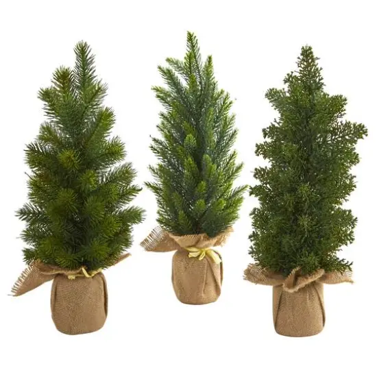 3 Pack 15" Unlit Mini Cypress & Pine Artificial Christmas Trees with Burlap Base {1}