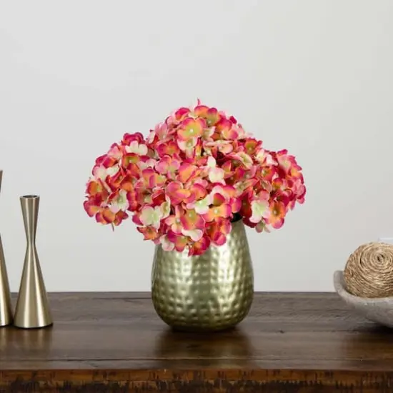 11" Pink Hydrangea Arrangement in Gold Metal Vase {3}