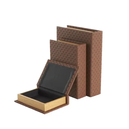 Faux Leather Geometric Woven Grid Book Storage Box Set Brown {3}