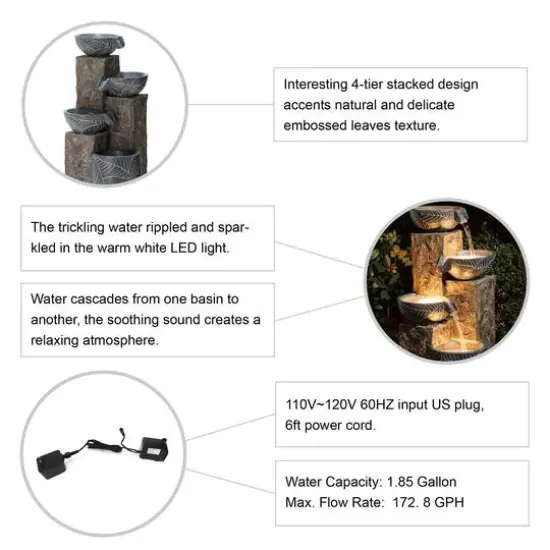 Glitzhome&reg; 33" Natural Leaf Textured 4-Tier Outdoor Fountain {9}