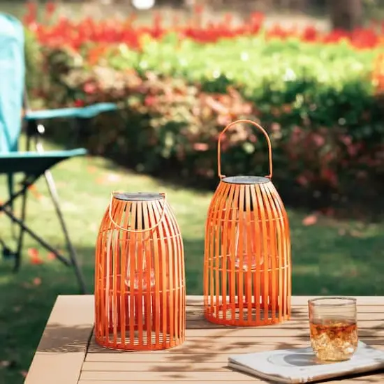 Glitzhome&reg; 9.75" Metal Woven Solar Powered Hanging Lantern, 2ct. Orange {4}