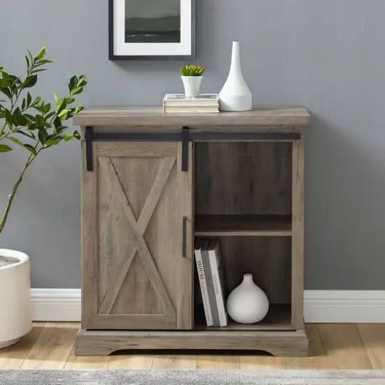 Walker Edison 32" Grey Wash Sliding Barn Door Farmhouse Accent Cabinet  {3}