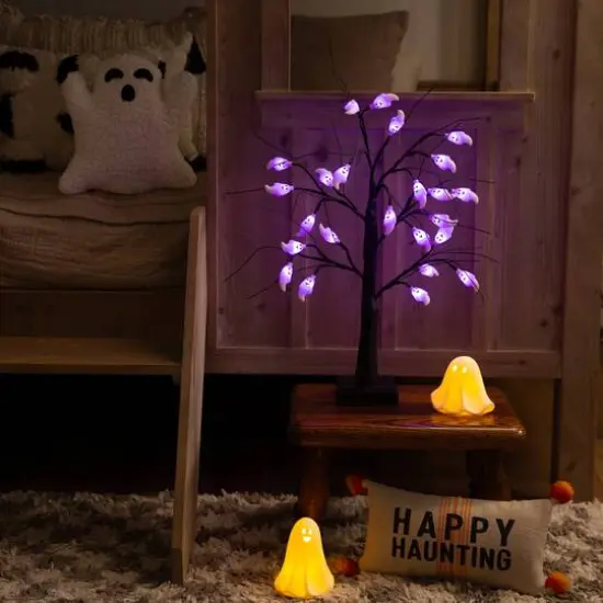2ft. Pre-Lit Artificial Halloween Ghost Twig Tree with 24 Purple LED Lights {9}