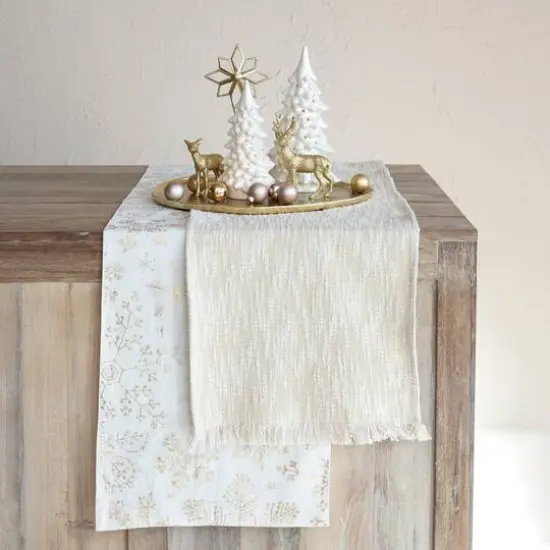 Hello Honey&reg; 108" Natural Woven Cotton Slub Table Runner with Metallic Gold Thread & Fringe {3}